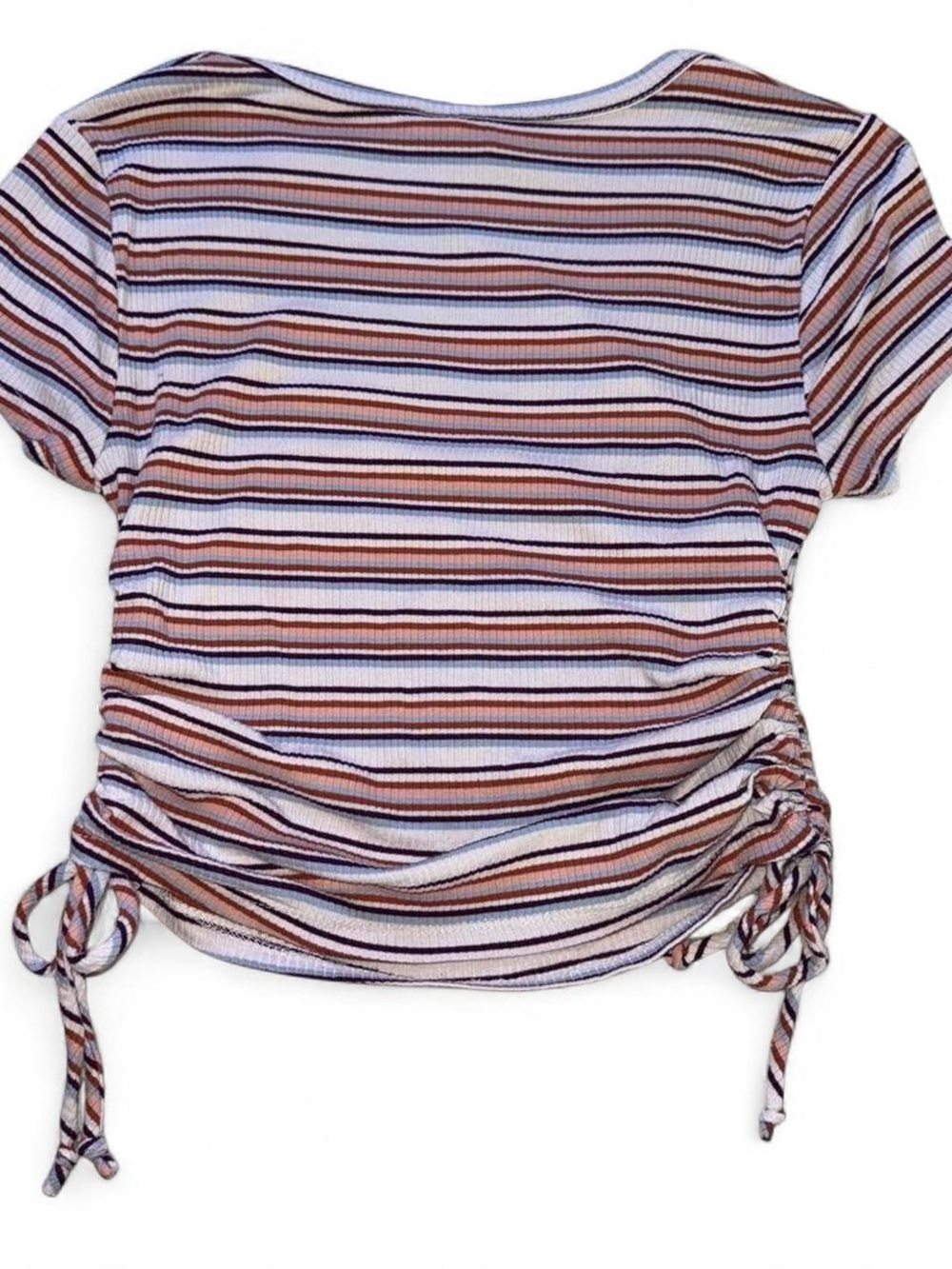 Sky and Sparrow Striped Side-Tie Short Sleeve Top - White, Brown, Blue